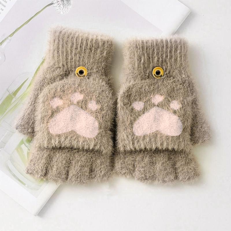 Cartoon Plush Cats Paw Fingerless Mittens with Flip Top Winter Knitted Gloves Stretchy Soft Mitten Elastic Warm Mitte