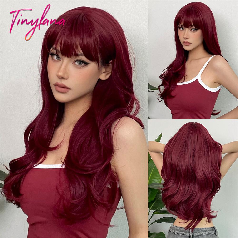 Light Pink Long Wavy Cosplay Synthetic Hair Wigs with Bangs for White Women Afro Lolita Water Wave Halloween Heat Reisitant Wig