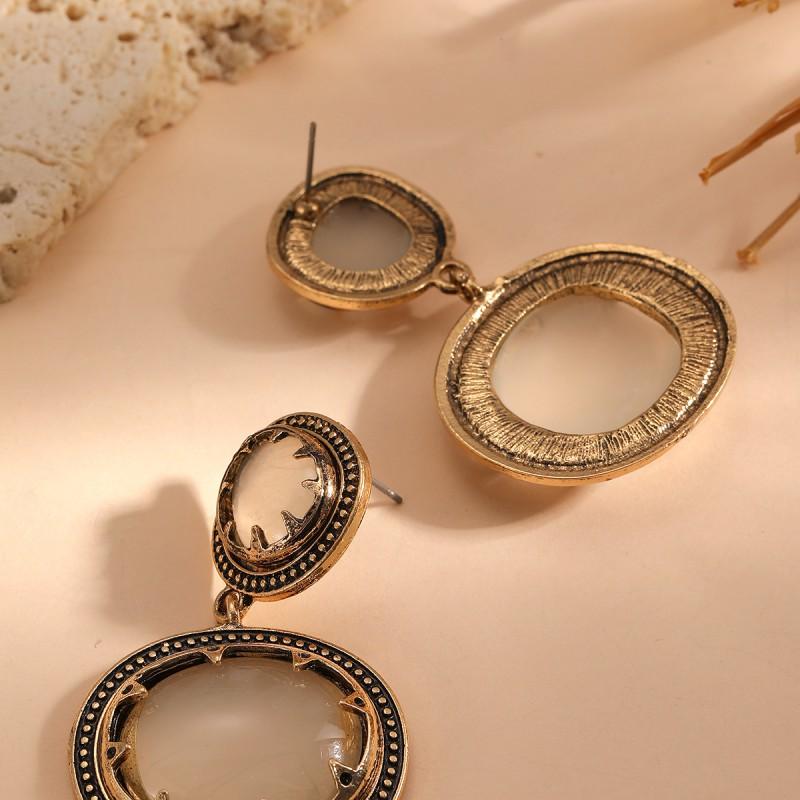 Double-Layer Color-Block Resin Rhinestone Earrings Geometric Alloy Statement Drop Women Gold