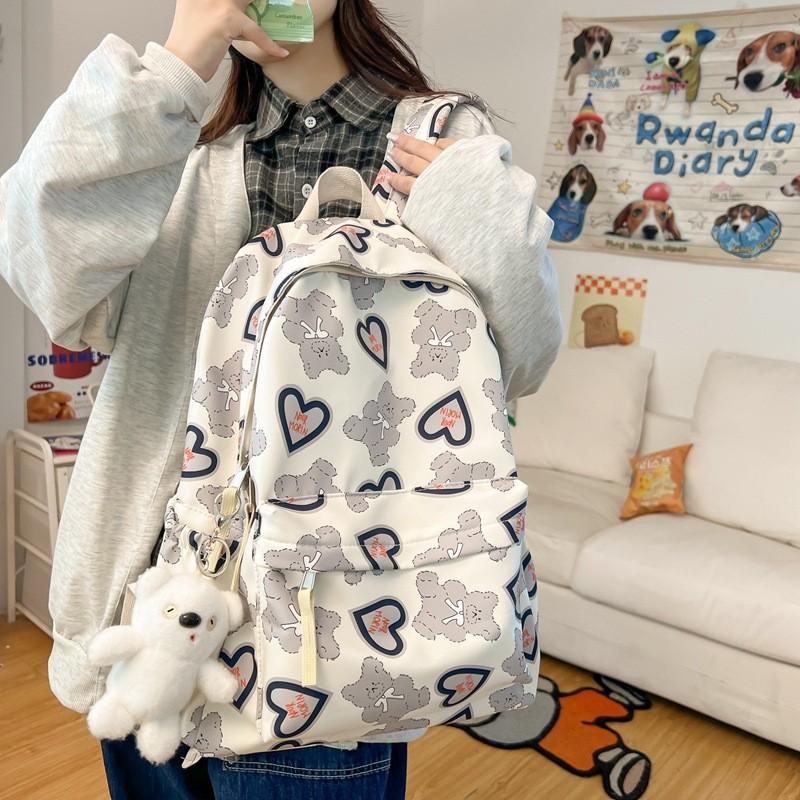 Girl Nylon Cute School Backpack With Love Heart Bear And Letters Print Design For Daily Use