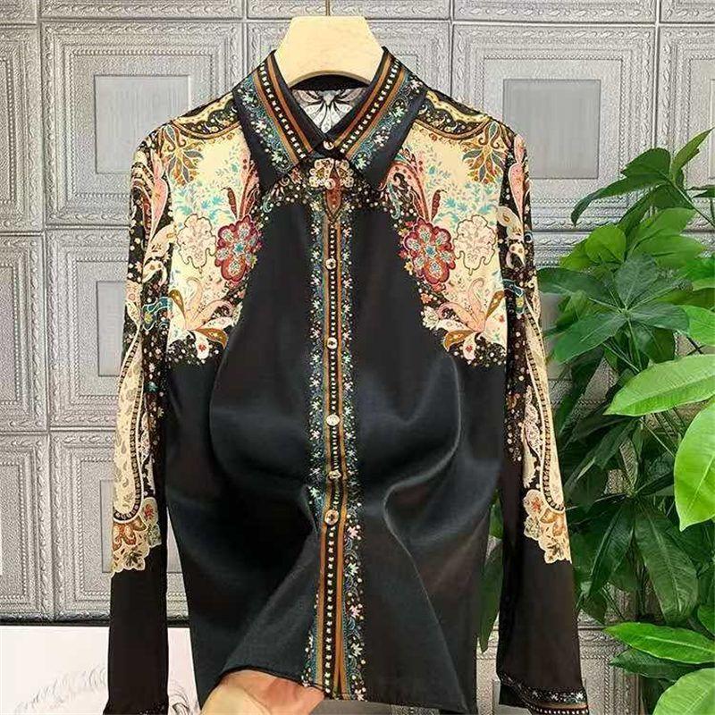 

Women s Luxury Vintage Paisley Print Blouse Elegant Satin Long Sleeve Button Down Shirt Casual Chic Top M чорний