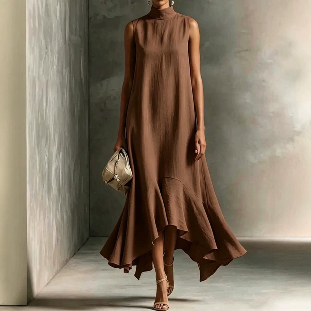 Damen ärmellos hoher Kragen lässig lockere Passform Midi-Kleid weicher Stoff entspannte Silhouette stilvoll für den Alltag
