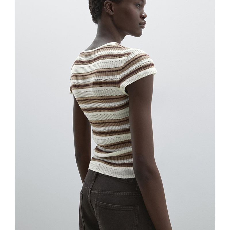 MD Spring and Summer Women's Clothing American Preppy Style Slim Fit Stripes Cotton Cut Out Round Neck Flounced Sleeve T-shirt 6241758