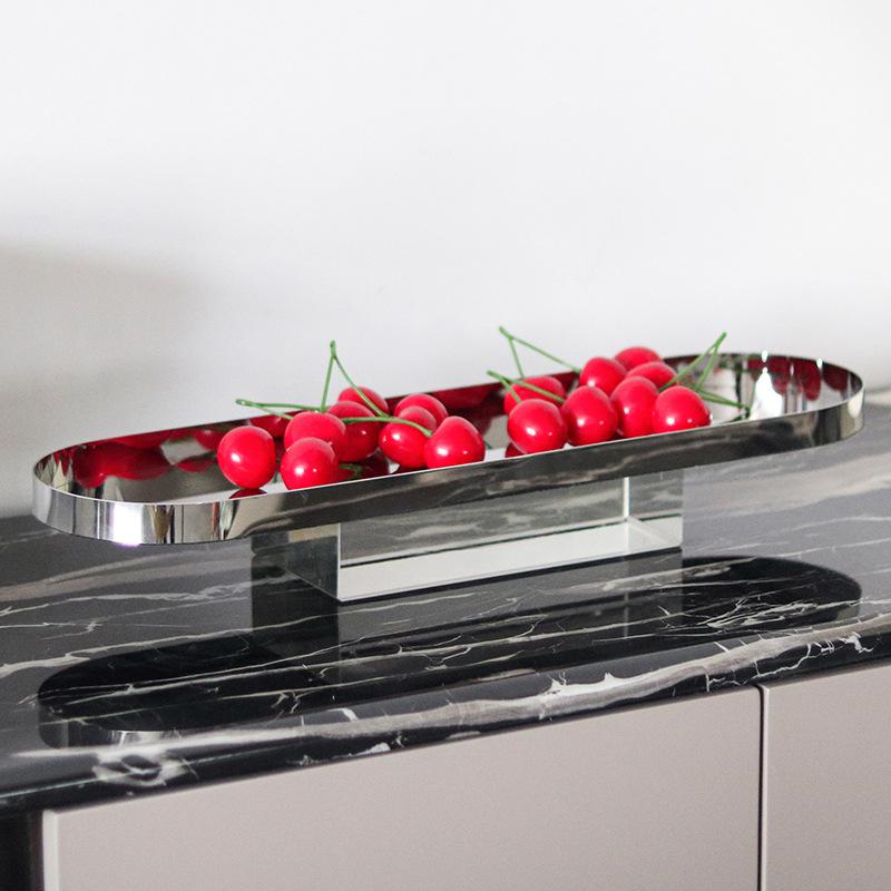Modern Art Crystal Base Fruit Plate, Luxurious Stainless Steel Tray, Dessert Plate, Kitchen, Dining Table, Long Storage Tray