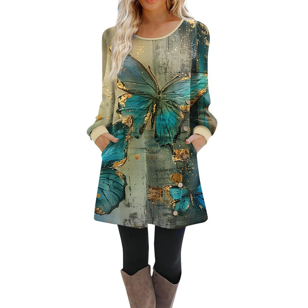 Damen Langarm A-Linien-Kleid Lässiger Pullover Mit Knopf Lockere Passform Kleid Mit Taschen