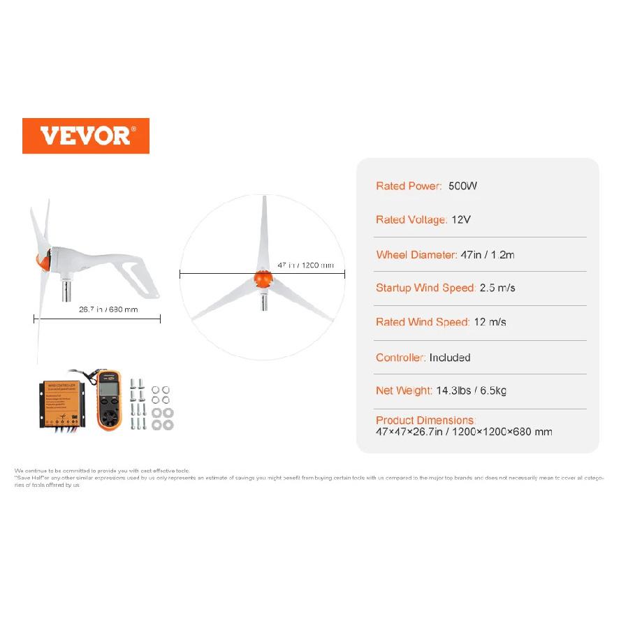 VEVOR 500W Wind Turbine Generator with Anemometer 12V Wind Turbine Kit 3-Blade Wind Power Generator MPPT Controller for Homeuse 12V 500W