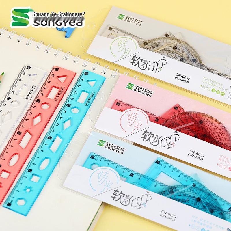 Foldable & Bendable Ruler Set - 4 Pieces, 20cm Student Stationery with Triangle and Creative Wave Ruler