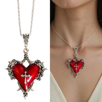 Gothic Thorn Red Heart Necklace Adornment Adjustable Alloy Clavicle Chain for Unique Style and Mystery Lovers