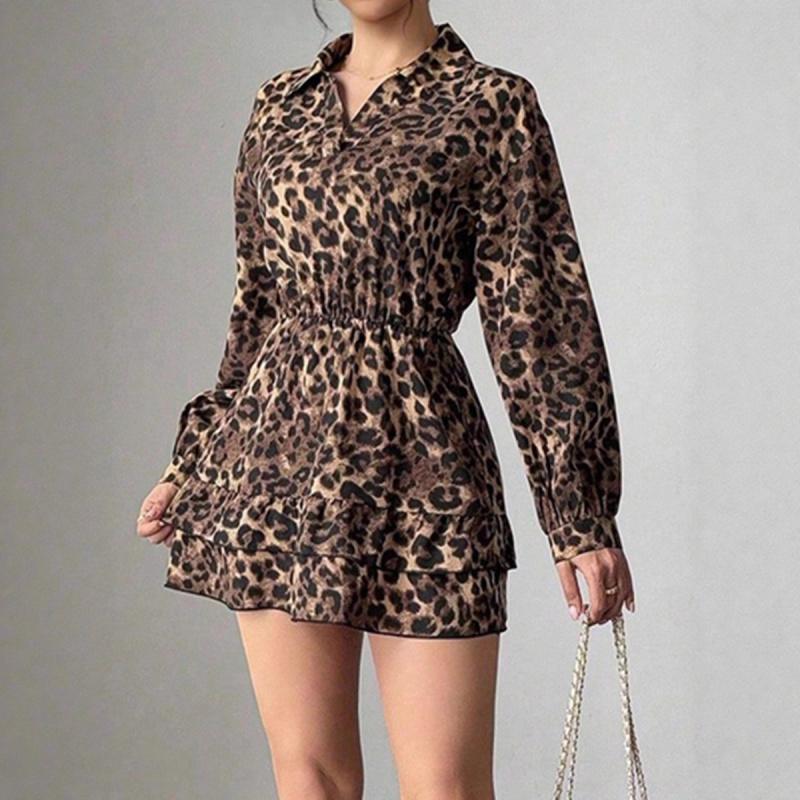 Women's 2026 Spring Winter Leopard Print Satin Dress with Elastic Waist and Slimming Effect