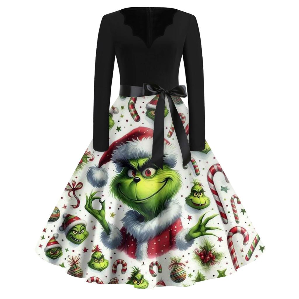 Women's Fashion V-neck Casual Slim-fit Christmas Print Long-sleeved Dress