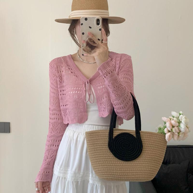 Fashion Sunscreen Knitted Cardigan Women's Hollow Blouse Vest Elegant Summer Thin V-neck Drawstring Air-conditioned Lace Shirt Shawl Short Tops