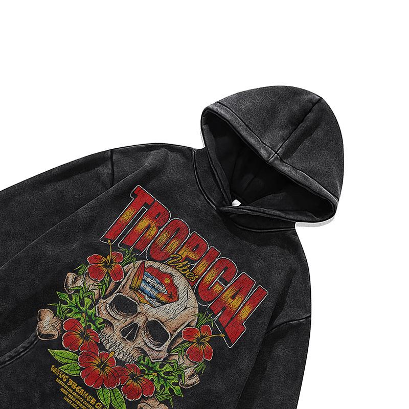 American Retro Skull Print Hoodie Jacket Autumn And Winter Heavy Washed Old Hooded Sweater Men And Women