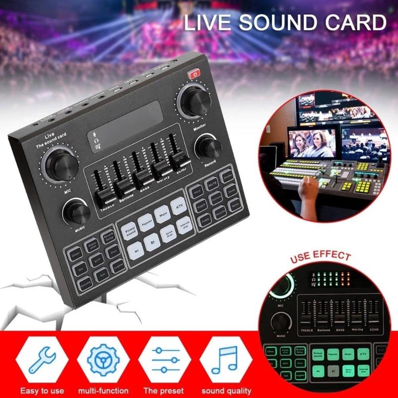 V9SJ Live Soundkarte Voice Changer mit 12 Szenen und elektronischen Effekten Auditory Mixer unterstützt 2 Mikrofone zum Singen
