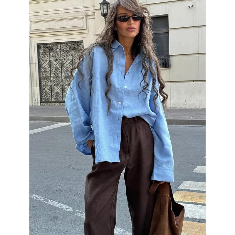 

Autumn Fashion Loose Women s Shirts Long Sleeve Lapel Oversize Female Blouses Elegant Cotton Linen Lady Shirts M синий