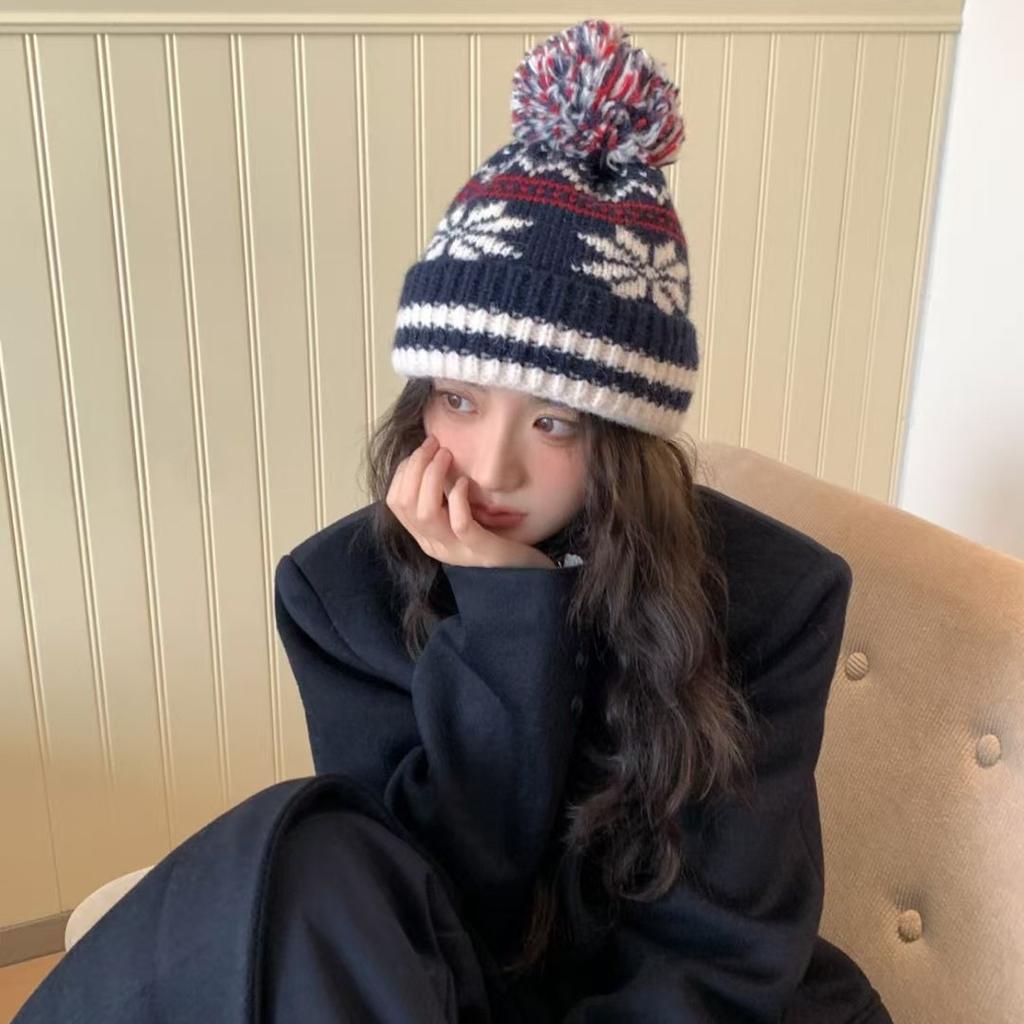 New Year Red Knit Hat Christmas Warm Ear Hat Sweet Hairball Wool Hat