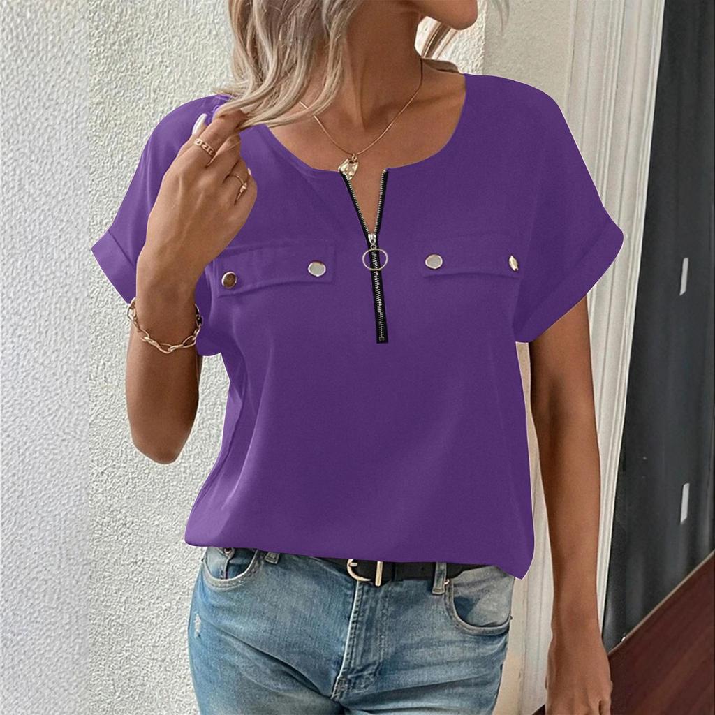 Γυναικεία Καλοκαιρινά Τοπ Μπλούζες με Λαιμόκοψη V Επίσημο Καθημερινό Τοπ με Φερμουάρ Άνετη Εφαρμογή
