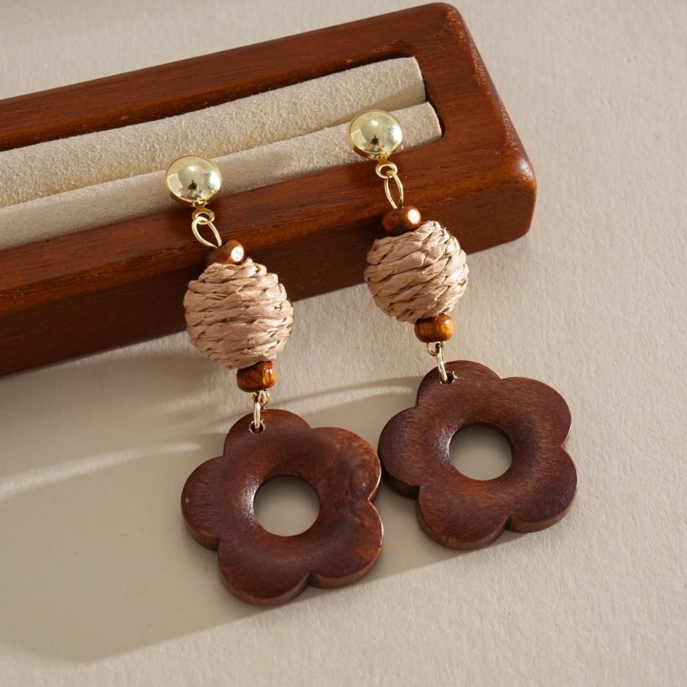 Brown Wooden Drop Earrings Flower Beads Dangle Earrings New Woven Tassel Earrings Beach