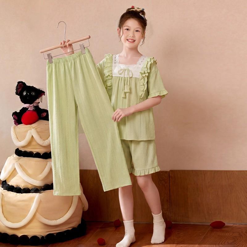 Girls Short Sleeve Pajama Set Soft Combed Cotton Sleepwear Cartoon Print Lightweight Home Outfit 8 Years