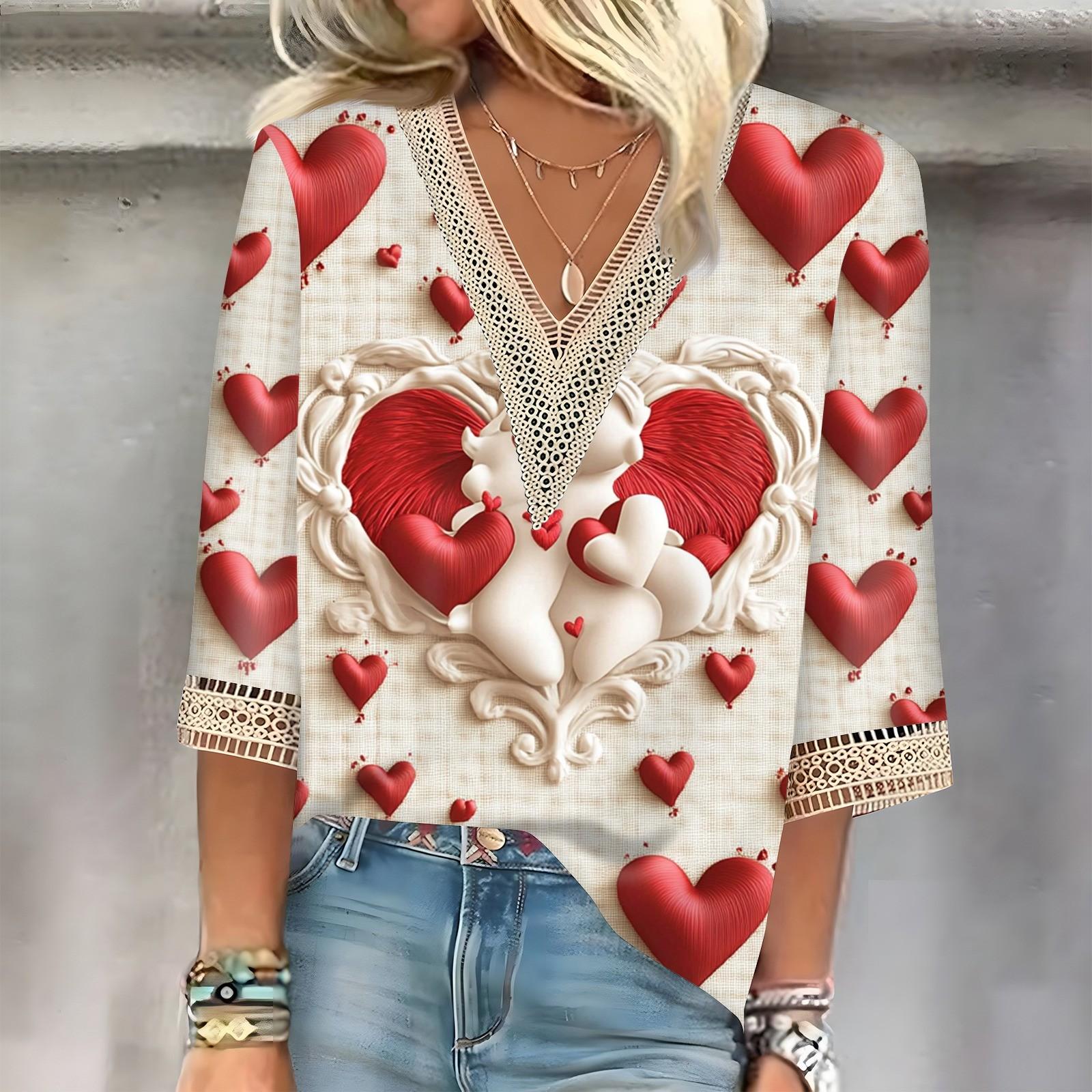 

Женский топ с рукавом три четверти, кружевной, с 3D-принтом ко Дню святого Валентина L бежевый