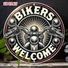 D Flat Pc Bikers Welcome Round Aluminum Sign Vintage Design Metal Tin Sign  Classic Motorcycle Rustic Metal Wall Art