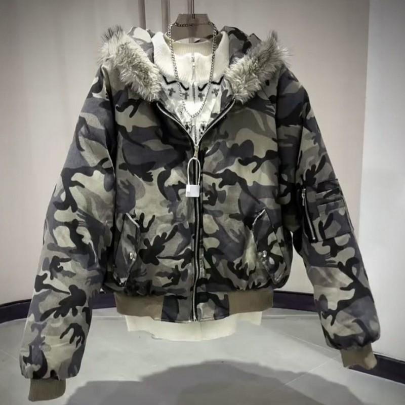 Mens Camo Puffer Jacket Winter Thick Hooded Bomber Streetwear Casual Warm Coat