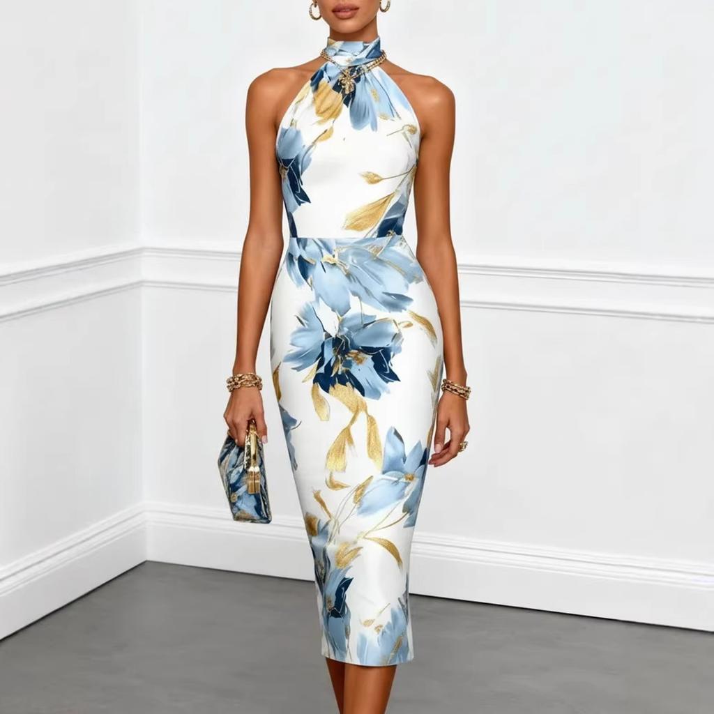 Women's Halter Neck Bodycon Dress Floral Print Sleeveless Slim Fit Midi Dress Elegant Design for Casual and Formal Wear