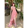 Super Fairy Temperament Pink Floral Suspender Dress Women's Spring New Chiffon Splicing Dress Vacation Skirt
