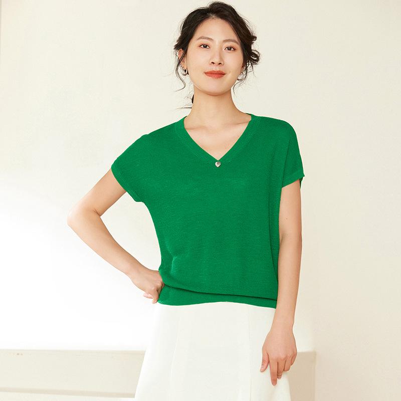 Plus Size V-Neck Fly Sleeve Ice Silk Knitwear - Lightweight Summer Top for Women