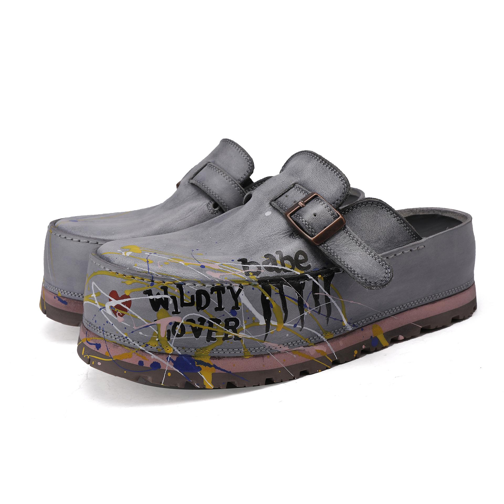 Johnature Hand Drawn Genuine Leather Thick Soled Shoes Fashion Round Toe Height Increasing Slippers серый