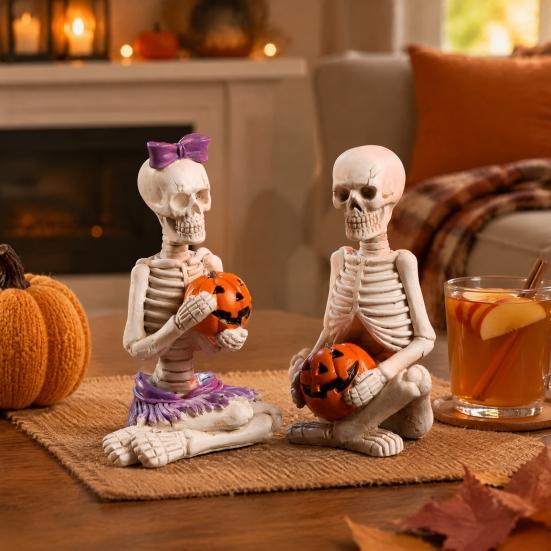 Resin Skeleton Ornaments 2Pcs/Set Couple Statues, with Pumpkin Figurines, Men Funny Gifts Women for Halloween Table Mantel Shelf Decoration Accents