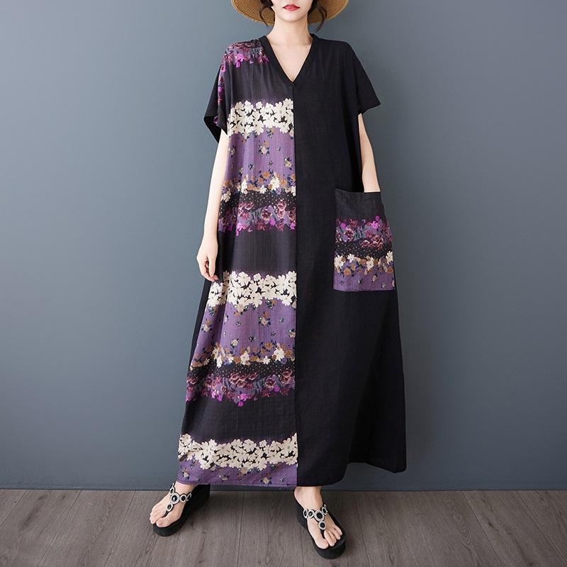 Short Sleeve Plus Size Cotton Vintage Floral New In Dresses for Women Casual Loose Maxi Long Summer Dress