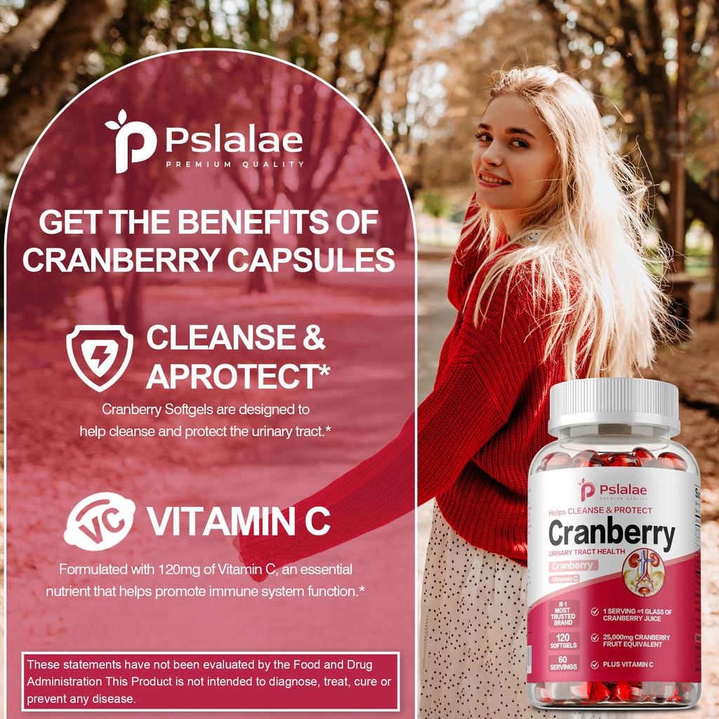 Pslalae Cranberry & Vitamin C Softgels - Immune Support, Urinary Tract Health, Easy Swallow Capsules - 120 Count