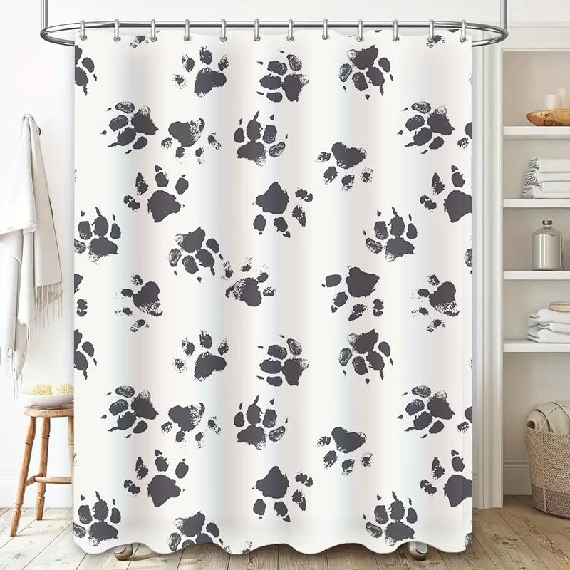 White Floral Shower Curtain with Paw Print Pattern Modern Decorative Waterproof Bath Mat Cover for Home Bathroom Accessories Bla