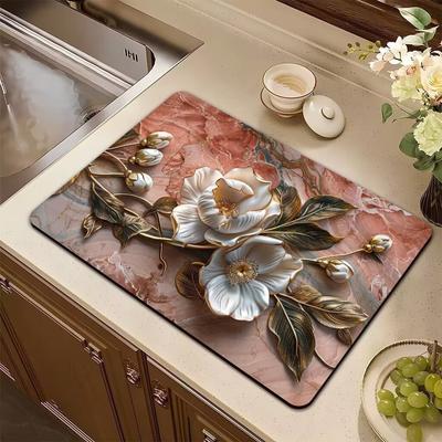 Absorbent Mat Pink Plant Flower Rose Draining Mat Kitchen Tableware Drying Tableware Non-slip Carpet Tableware