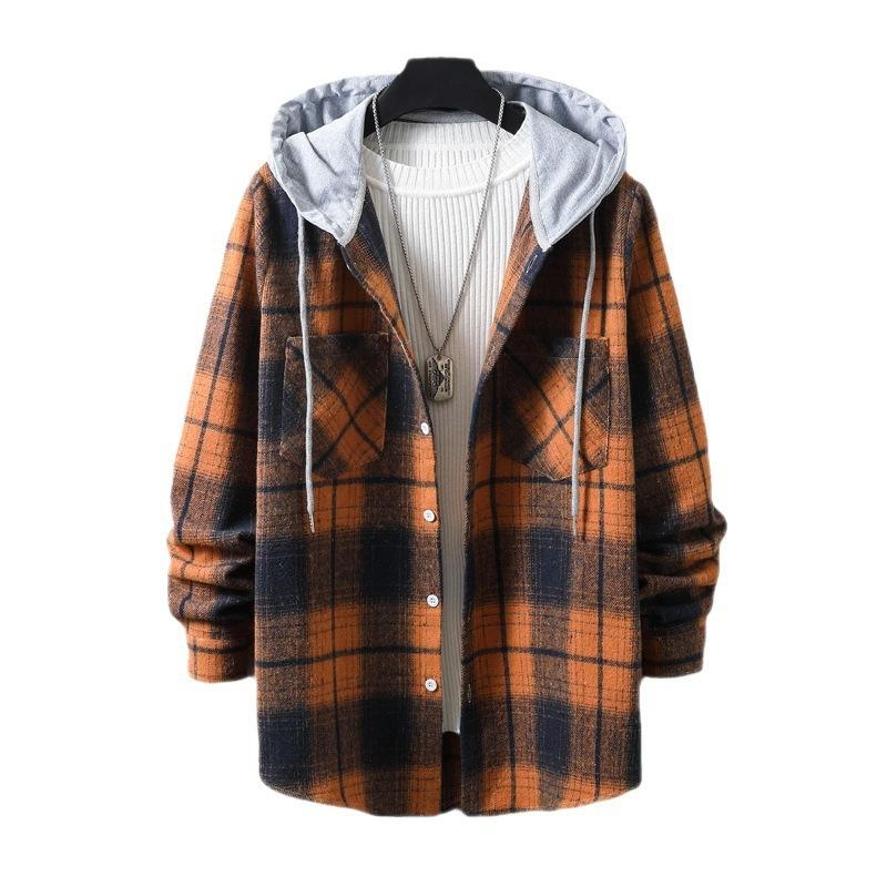 New Japanese Casual Men's Hooded Plaid Loose Polished Long-sleeved Shirt Small Coat Men