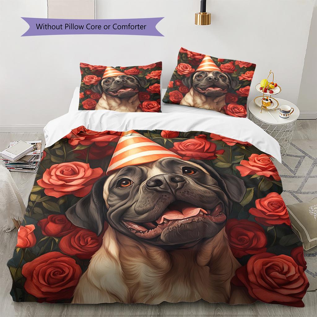 Dog with Birthday Hat Pattern Bedding Quilt Set Home Decoration Gift (1 * duvet cover + 2 * pillowcase without core)