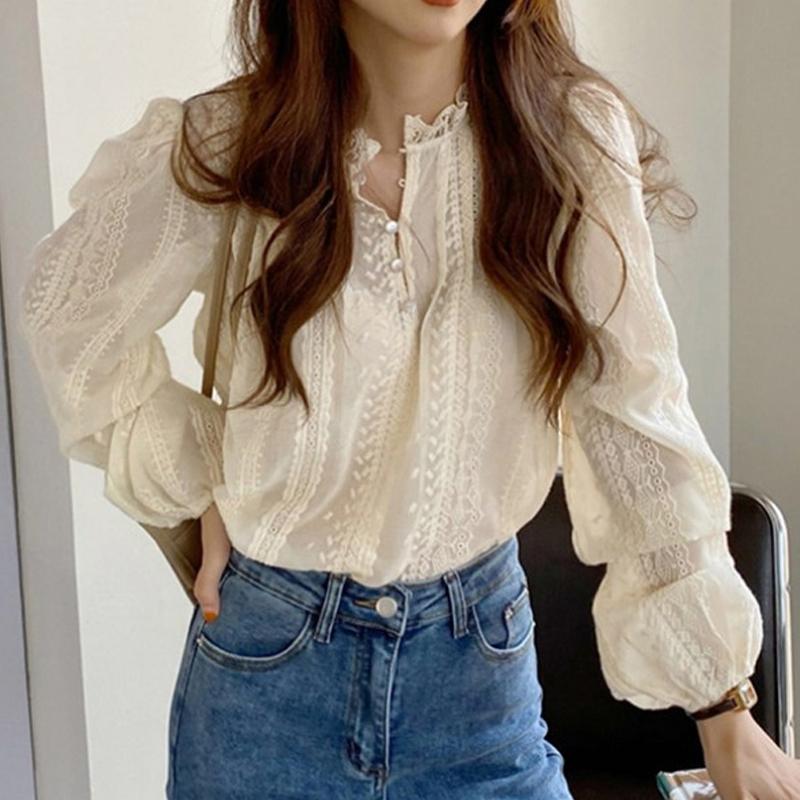 

Модная элегантная кружевная свободная офисная женская блузка, повседневная весенне-осенняя блузка с оборками, воротником-стойкой, однотонная рубашка с длинным рукавом, топы, одежда XL