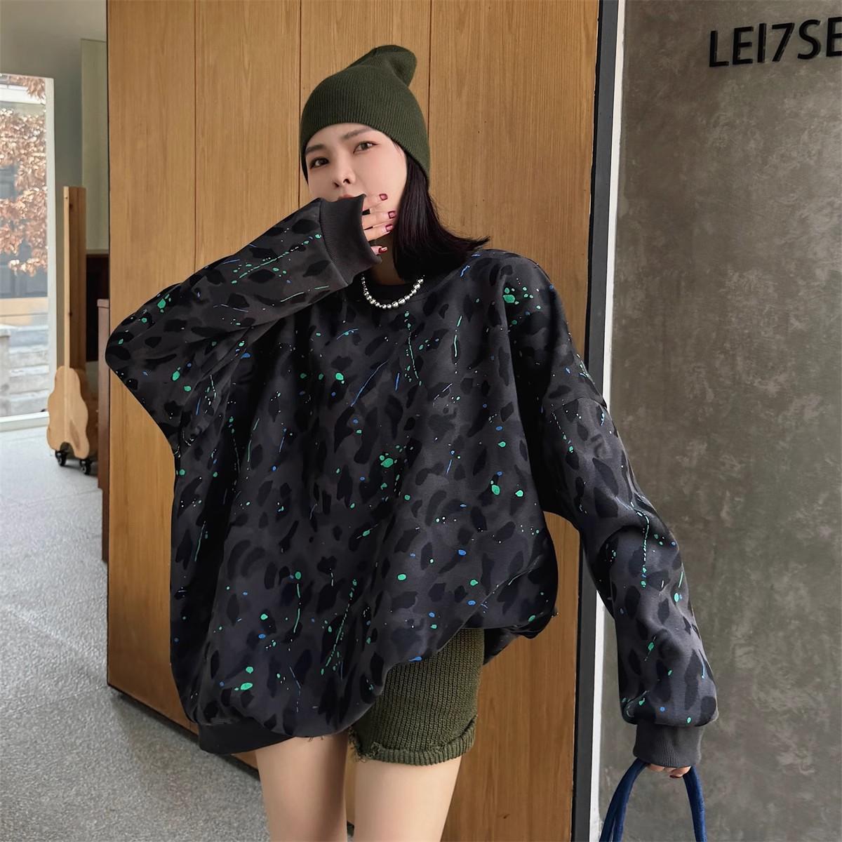 

Женские топы больших размеров на осень с леопардовым принтом, оверсайз, с длинным рукавом, худи с круглым вырезом, свободные толстовки L