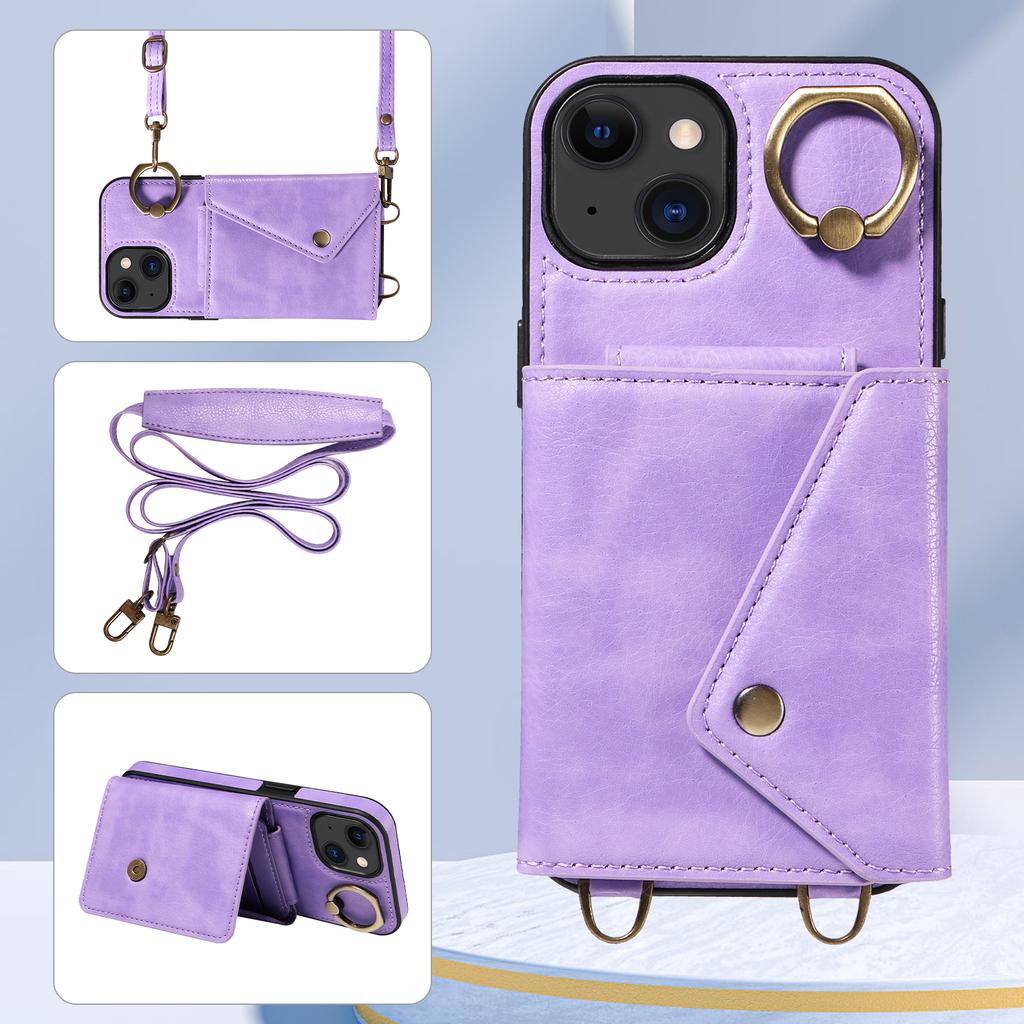 For iPhone 15 Series.for iPhone 15,15 Plus,15 Pro,15 Pro Max Shoulder Strap Rope Ring Bracket Design Card Holder Slots Lichee Pattern Cover Phone Case
