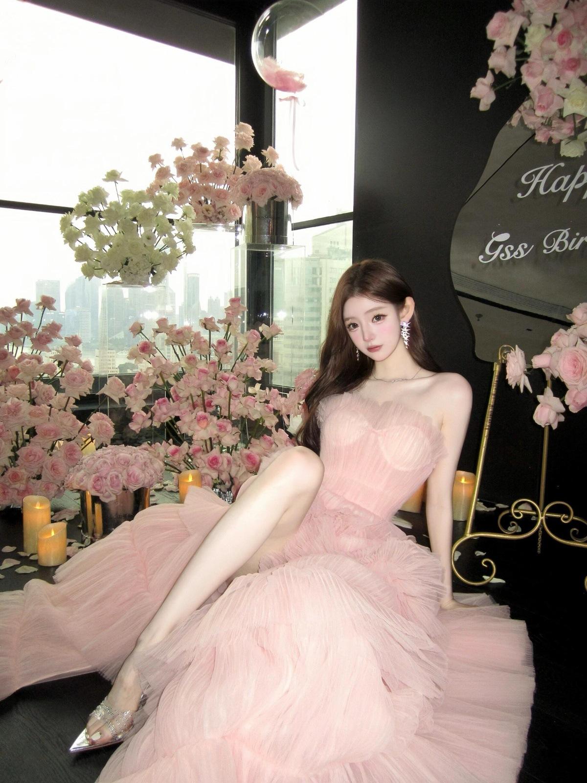 

Платье-бандо женское высококлассное розовое платье для торта на бар-мицву супер фея пышное платье со шлейфом платье на день рождения XXXL розовый