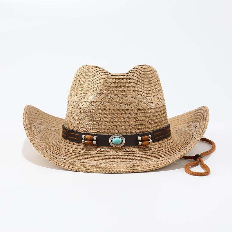 Big brim curled straw hat women's summer seaside vacation sunscreen sunshade beach hat ethnic style western cowboy hat men