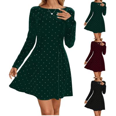 Vestido Feminino de Manga Longa, Elegante com Bolinhas, Veludo Cravejado com Pedras, Cintura Marcada e Emagrecedor