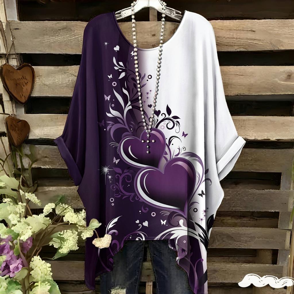 Damen Elegantes Bohemian Zweifarbiges T-Shirt - Herz & Blumendruck Mit Schmetterling Damenbekleidung Trend 2025 Grafik T-Shirts