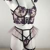 Europäisches & Amerikanisches Mesh Stickerei Dessous Set: Sexy dreiteilige Damenunterwäsche