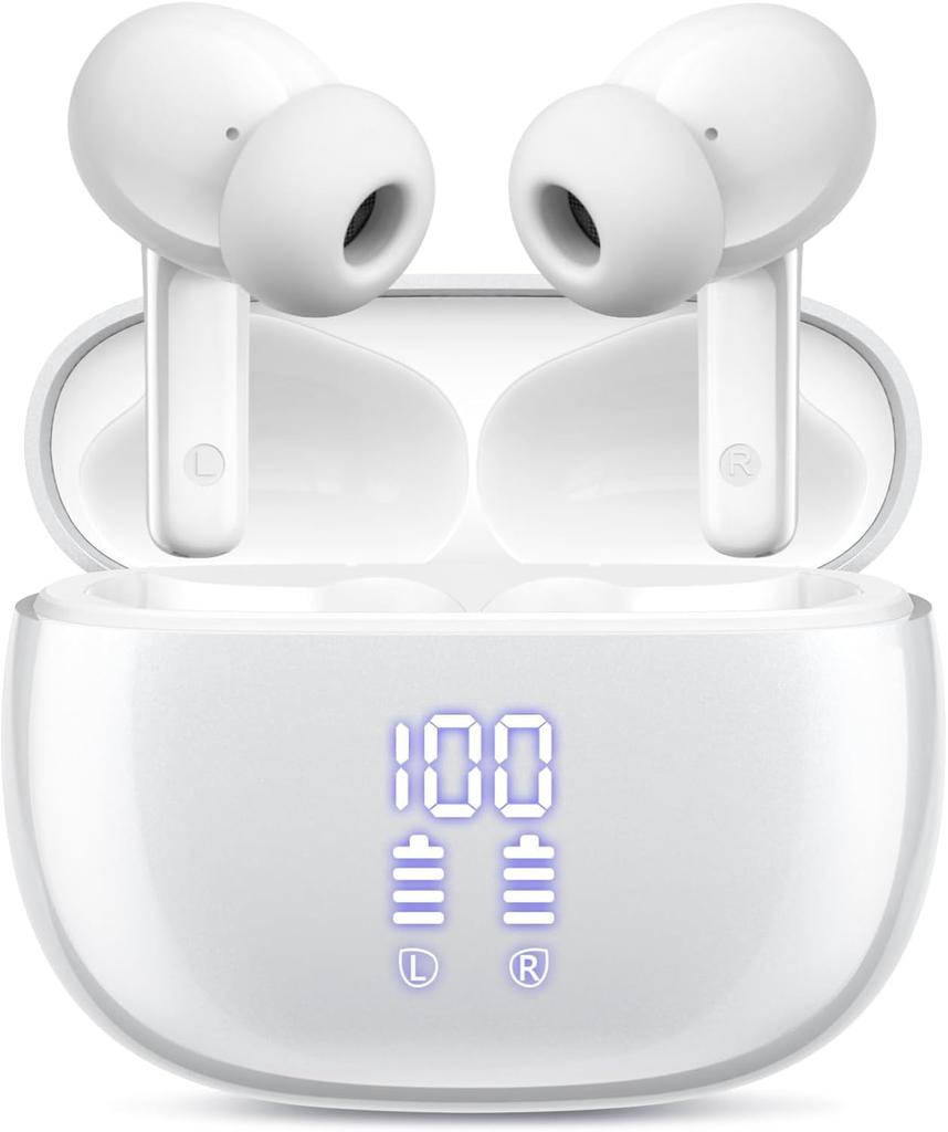 Wireless earphones, Bluetooth 5.3, waterproof, noise canceling, built-in microphone, for sports and outdoor activities, white