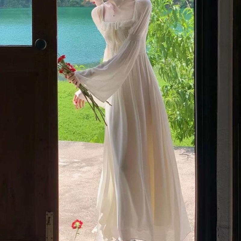 Spring Summer French Square Neck Fairy Dress Princess Dress Slimming Long Sleeve Dress Super Fairy Long White Skirt