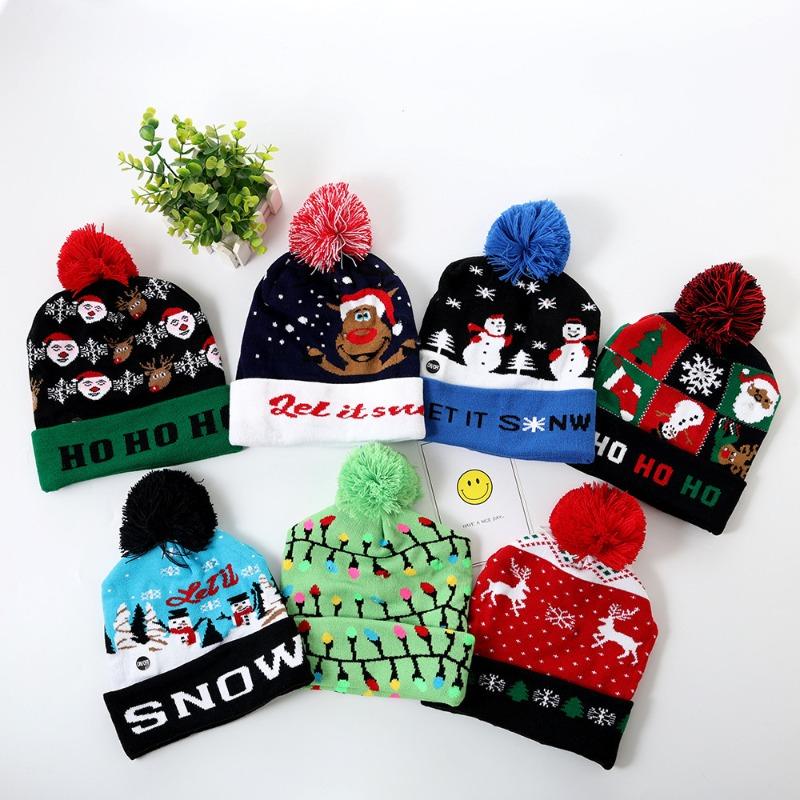 Christmas Decorations Flanged Ball Knitted Hat ED Light Hat Adult Children's Hat, Children's Glowing Christmas Hat