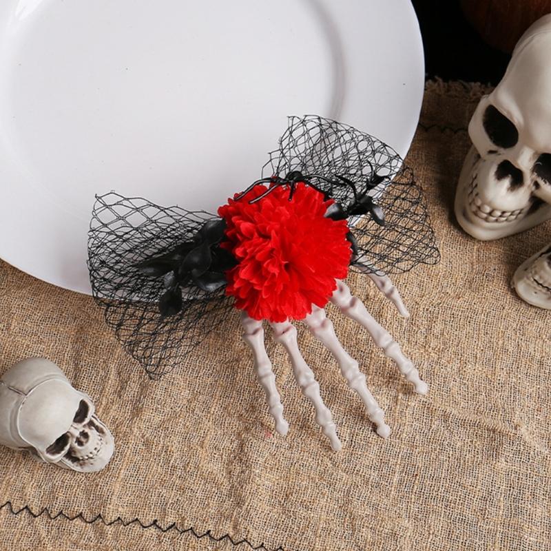 2pcs Halloween Scary Skeleton Hand Floral Hair Clip Hair Barrettes For Women Party Costume Accessory With Mesh Design