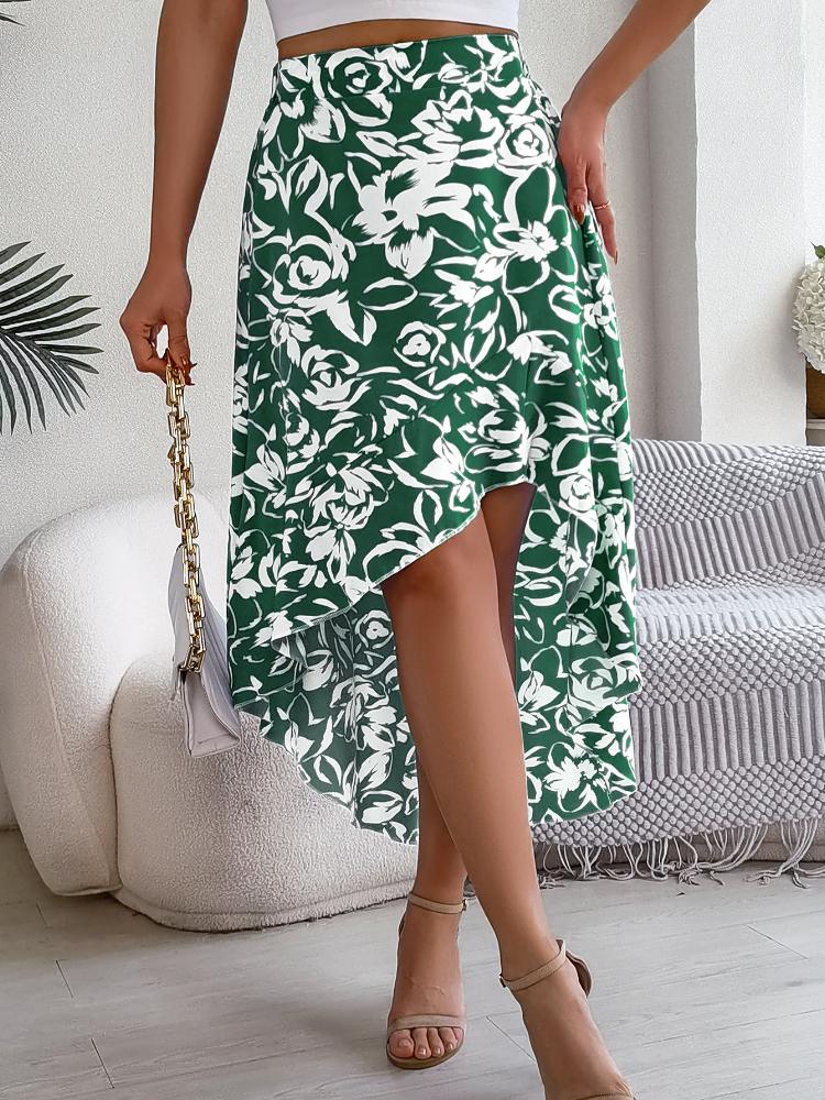 Casual Asymmetrical Flare Floral Print High Waist Skirt For Spring & Summer, Women's Clothing