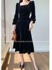 Women's Long Sleeve Velvet Dress: Autumn/Winter, French Retro A-line, Waist-Cinching, Square Neck, Hepburn Style Little Black Dress